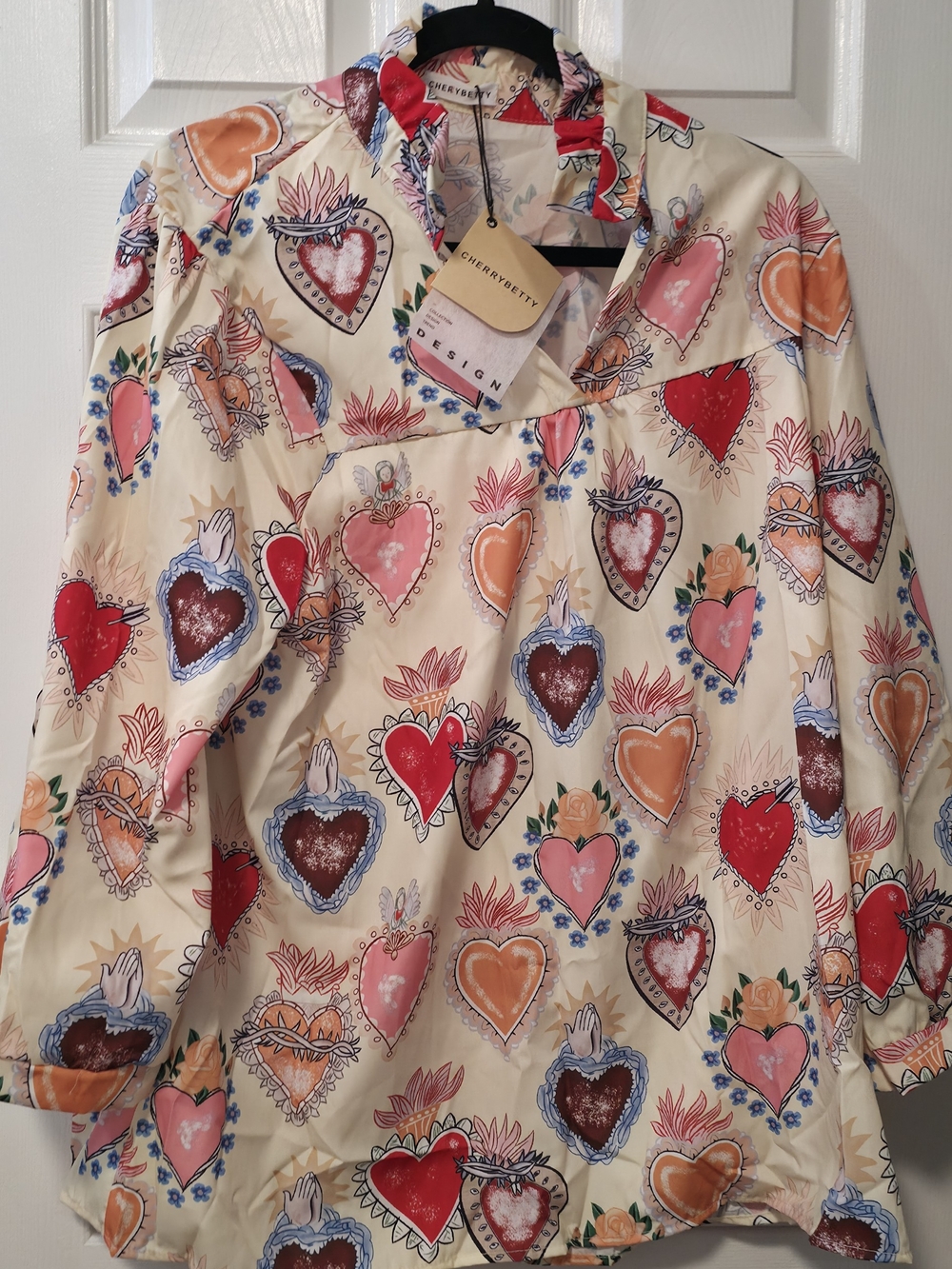 CHERRYBETTY Floral Heart Print Button-Up Shirt — Cream & Red